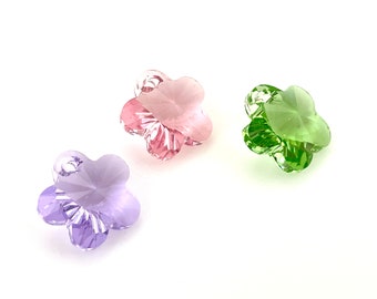 Crystal Flower Charm for Jewelry Making, 12mm Swarovski 6744 Pink Green Purple Top Drilled Floral Pendant, Faceted Front and Back, 1mm Hole