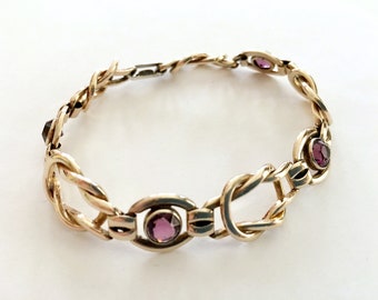 30s Art Deco Bracelet for Women, Gold Filled Vintage Jewelry, Sturdy Brand Link Bracelet, Purple Glass Rhinestone, February Birthstone