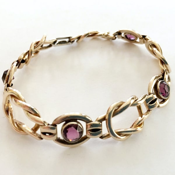 30s Art Deco Bracelet for Women, Gold Filled Vintage Jewelry, Sturdy Brand Link Bracelet, Purple Glass Rhinestone, February Birthstone