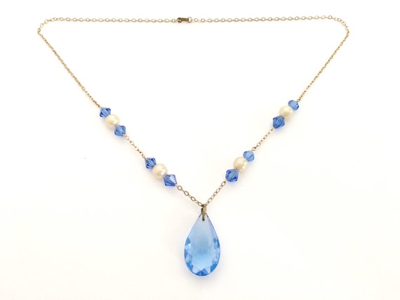 Gift Vintage Art Deco Signed Czech Sapphire Blue Crystal and Faux Pearl Necklace
