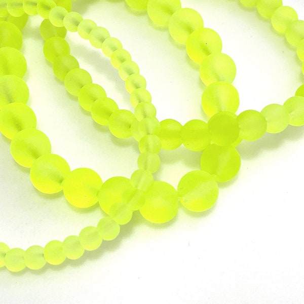 50 Pcs Neon Yellow Beads for Jewelry Making, 4mm 6mm 8mm Frosted Rounds, Flourescent Cultured Sea Glass, Friendship Bracelet, 1mm Hole CFB30