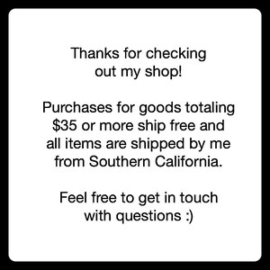 May include: White text on a black background reads "Thanks for checking out my shop!" followed by information about free shipping and contact details. The text is centered and in a clean font.