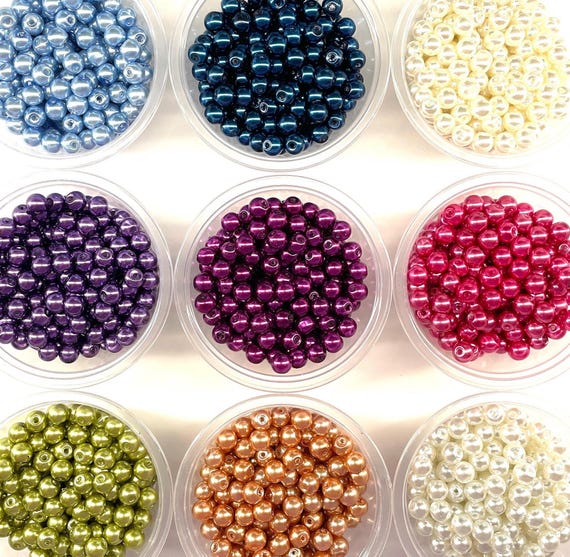 6mm Glass Pearl Beads: White, Blue, Pink, Gold, Purple - 50pcs