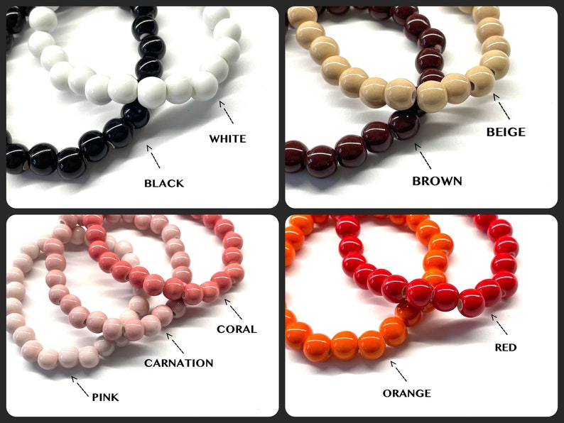 May include: A set of ten bracelets with different colored beads. The colors are white, black, beige, brown, coral, carnation, pink, orange, and red.