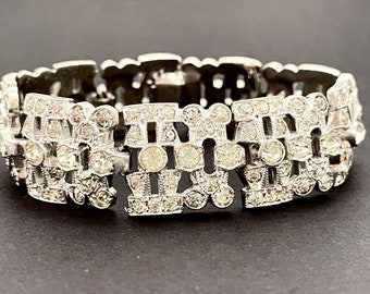 20s Antique Rhinestone Bracelet for Women, Vintage Art Deco Jewelry, 7" Long with Silver Rhodium Plated Links & Clear Stones, Push In Clasp