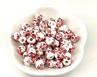 50 pcs Red & White Porcelain Beads, 6mm 8mm 10mm Floral Chinoiserie, Ceramic Round Bracelet Beads, Holiday Craft, Center Drilled, 1.5mm Hole