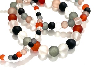 50pcs Assorted Frosted Glass Beads for Jewelry Making, 4mm 6mm 8mm Cultured Sea Glass Rounds, Black Clear Brown, Bracelet Beads, 1mm Hole