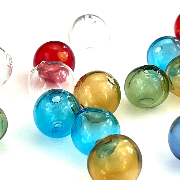 5 Pcs 10mm Glass Bubble Beads for Jewelry Making, Hand Blown Hollow Round Globes, Blue Red Green Clear Amber White Stripe, Two Holes 1mm