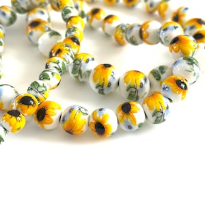 50 pcs Sunflower Porcelain Beads for Jewelry Making, 6mm 8mm 10mm 12mm Floral Ceramic Round, White Yellow Chinoiserie Rosary, 1.5mm Hole