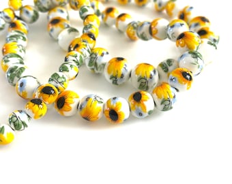 50pcs Sunflower Porcelain Beads, Floral Ceramic Round, Jewelry Making