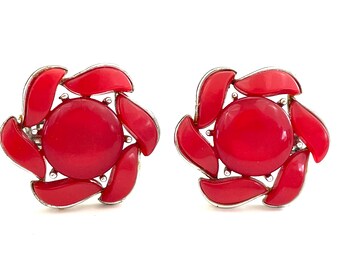 60s Red Clip On Earrings for Women, 1960s Vintage Jewelry, 1" Lisner Lucite Floral Earrings with Silver Settings, Retro Flower Power Style