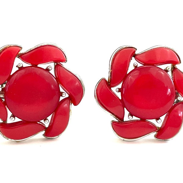 60s Red Clip On Earrings for Women, 1960s Vintage Jewelry, 1" Lisner Lucite Floral Earrings with Silver Settings, Retro Flower Power Style