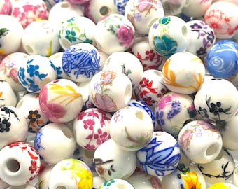 Assorted Floral Porcelain Ceramic Beads, Jewelry Making Supplies (6mm-12mm)