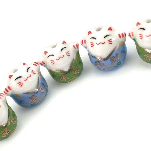 2 pcs Lucky Cat Bead for Jewelry Making, Porcelain Maneki Neko Charm, 16 x 14mm Blue Green White, Ceramic Fortune Kitty, Top to Bottom Drill