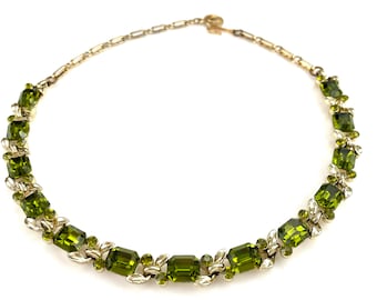 Lisner Rhinestone Choker for Women, 60s Vintage Jewelry, 16.5" Adjustable Gold Necklace with Olive Green Stones, Emerald Cut, Riviere Style