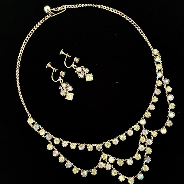Vintage Jewelry Set for Women, 60s Gold Choker, Screw Back Earrings, 16" Adjustable Festoon Necklace, Clear & Aurora Borealis Jonquil Stones