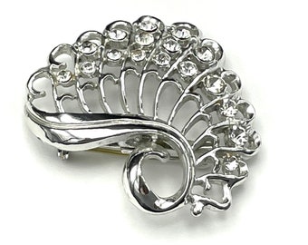 60s Fan Shaped Rhinestone Brooch for Women, Vintage Costume Jewelry, Silver Pin with Clear Stones, Retro Floral Brooch, Flower Jewelry