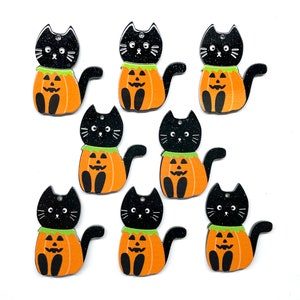 4 Pcs Halloween Cat Charm for Jewelry Making, Sparkly Acrylic Pendant, Black and Orange Kitty with Pumpkin Costume, 1.5" Zipper Pull