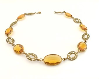 1930s Rhinestone Choker for Women, 30s Vintage Art Deco Jewelry, 16" Czech Brass Necklace, Oval Gold Faceted Glass Stones, Open Back Bezel