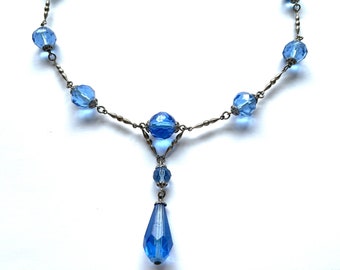 30s Blue Art Deco Necklace for Women, Vintage Czech Jewelry, 18" Silver Necklace with Blue Faceted Glass Beads & Briolette, Lariat Necklace