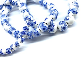 50 Pcs Blue & White Porcelain Beads for Jewelry Making, 6mm 8mm 10mm Floral Ceramic Rounds, Chinoiserie, Unique Flower Design, 1.5mm Hole