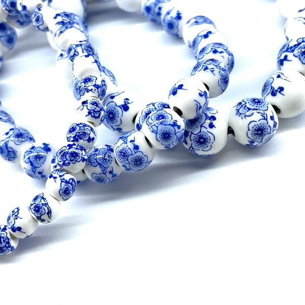 50 Pcs Blue & White Porcelain Beads for Jewelry Making, 6mm 8mm 10mm Floral Ceramic Rounds, Chinoiserie, Unique Flower Design, 1.5mm Hole