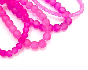 50 Pcs Cultured Sea Glass Beads for Jewelry Making, 4mm 6mm 8mm Shocking Pink Frosted Round, Matte Magenta, Necklace Bracelet 1mm Hole CFB35