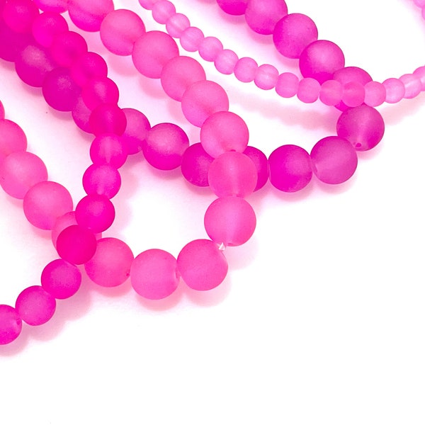 50 Pcs Cultured Sea Glass Beads for Jewelry Making, 4mm 6mm 8mm Shocking Pink Frosted Round, Matte Magenta, Necklace Bracelet 1mm Hole CFB35