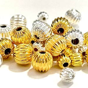 50 Pcs Spacer Beads for Jewelry Making, 4mm 6mm 8mm Pumpkin Beads, Corrugated Metal Rounds, Bright Silver or Gold, Melon Beads, 1.5mm Hole