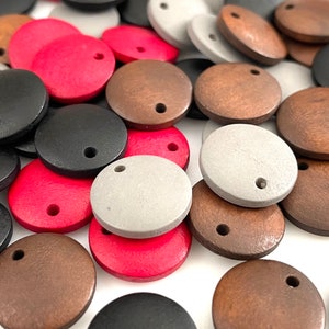 10 Pcs Wood Circle Pendant for Jewelry Making, 15mm Wooden Disc, Stained Black Brown Gray/Grey Pink/Red, Earring Necklace, Top Drilled Charm