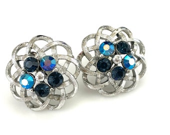 60s Blue Rhinestone Earrings for Women, Lisner Vintage Costume Jewelry, 1" Circle Silver Screw Back Earrings, Round Stones, Flower Floral