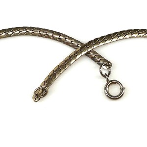 May include: A silver snake chain necklace with a lobster clasp closure.