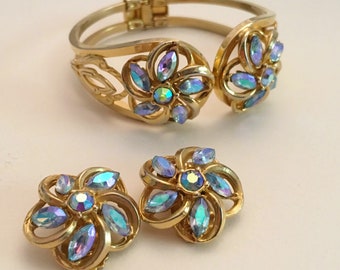 Vintage Bracelet & Clip On Earrings, Vintage Jewelry Set, Rhinestone Clamper Bracelet, Jeweled Cuff, Juliana Style Blue and Gold Bracelet