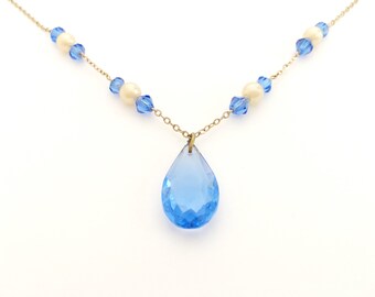 30s Vintage Necklace, Gift for Women, Art Deco Jewelry, Czech Blue Choker with Faux Pearls & Glass Teardrop Pendant, Gold Chain