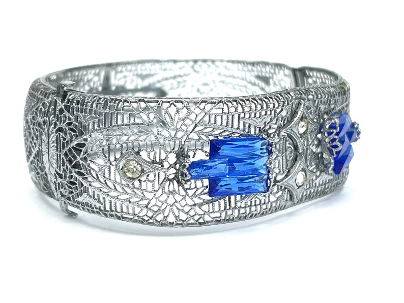 30s Blue Rhinestone Art Deco Bracelet for Women, Vintage Costume Jewelry, Cheever Tweedy Silver Filigree Cuff, Wide Bangle, Step Glass image 1