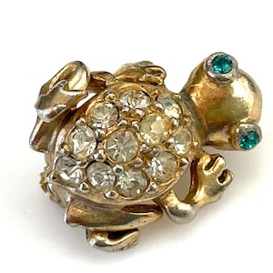 Vintage Frog Brooch for Women, Rhinestone Jewelry, Very Tiny 5/8&quot; Gold Frog Pin with Clear and Green Stones, Animal Figural Pin, Frog Lover