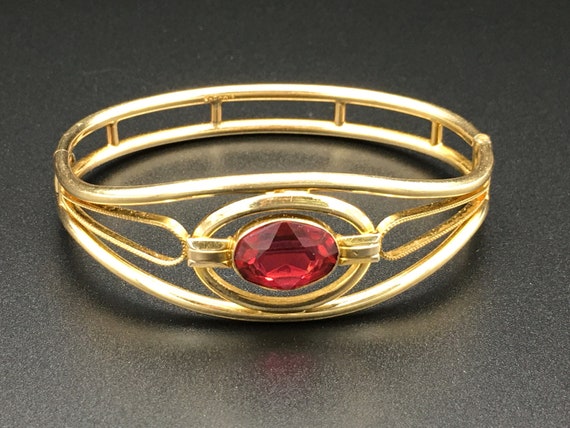 30s Art Deco Gold Filled Red Rhinestone Bracelet,… - image 1