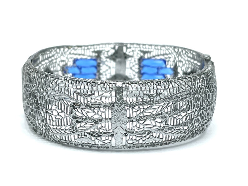 30s Blue Rhinestone Art Deco Bracelet for Women, Vintage Costume Jewelry, Cheever Tweedy Silver Filigree Cuff, Wide Bangle, Step Glass image 3
