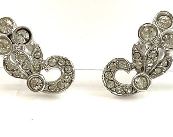 50s Ledo Rhinestone Earrings for Women, Vintage Costume Jewelry, 3/4" Silver Screw Back Bridal Earrings, Floral Design Wedding Accessories