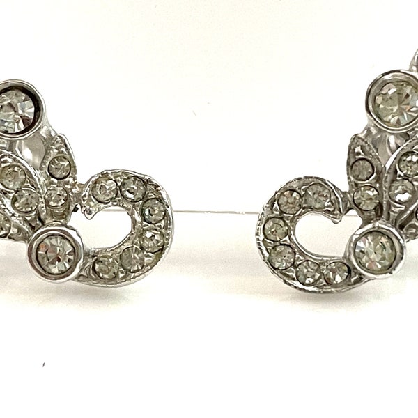 50s Ledo Rhinestone Earrings for Women, Vintage Costume Jewelry, 3/4" Silver Screw Back Bridal Earrings, Floral Design Wedding Accessories