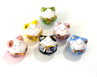 2 pcs Lucky Cat Beads for Jewelry Making, Porcelain Maneki Neko Charm, 16 x 14mm White Pink Black Blue Green Purple Gold, Good Fortune Kitty