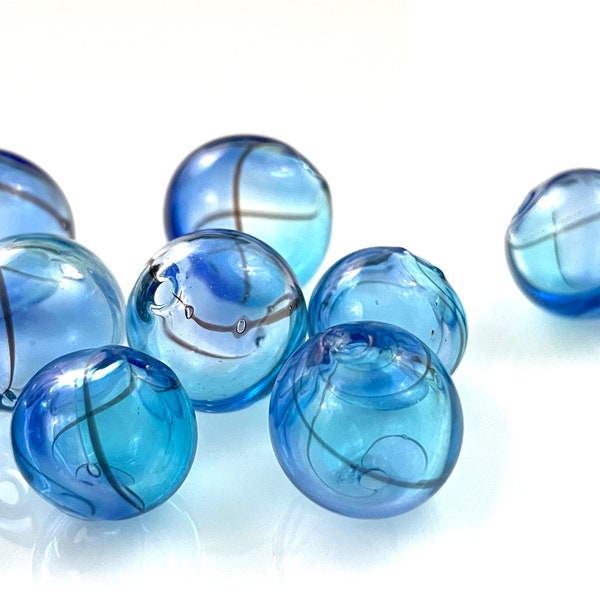 5 Pcs Glass Bubble Beads for Jewelry Making, 10mm 12mm & 14mm Hollow Aqua and Blue Hand Blown Lampwork Globes, Black Stripes,  Two Holes