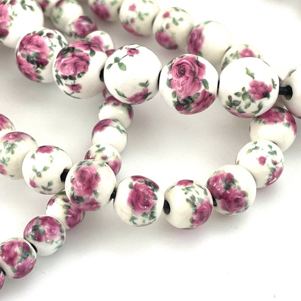 50 pcs Red Rose Porcelain Beads for Jewelry Making, 6mm 8mm 10mm 12mm Ceramic Round, Pink White Green, Bracelet Rosary Supply, 1.5mm Hole