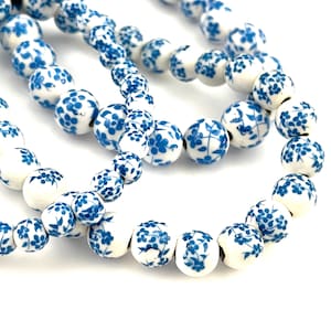 50 pcs Royal Blue & White Porcelain Beads for Jewelry Making, 6mm 8mm 10mm 12mm Ceramic Floral Round, Chinoiserie Bracelet Beads, 1.5mm Hole