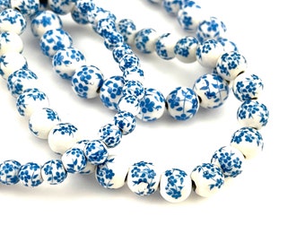 50 pcs Royal Blue & White Porcelain Beads for Jewelry Making, 6mm 8mm 10mm 12mm Ceramic Floral Round, Chinoiserie, Mala Bracelet, 1.5mm Hole