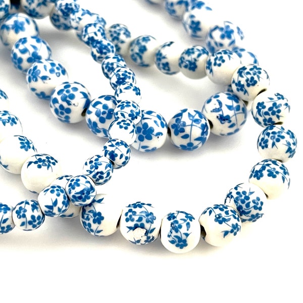 50 pcs Royal Blue & White Porcelain Beads for Jewelry Making, 6mm 8mm 10mm 12mm Ceramic Floral Round, Chinoiserie, Mala Bracelet, 1.5mm Hole