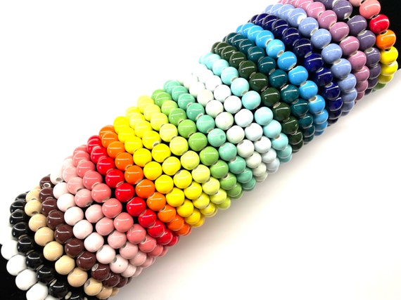 50 Pcs Ceramic Beads for Jewelry Making, 8mm Glazed Porcelain Rounds, Yellow Pink White Blue Purple Black Red Orange Green, 2mm Large Hole