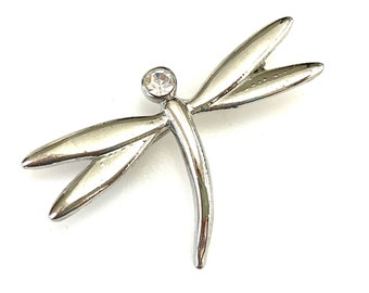 Rhinestone Dragonfly Pin for Women, Vintage Jewelry, 2" Silver Insect Brooch with Clear Rhinestone, Minimalist Abstract, Insect Jewelry