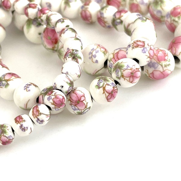 50 pcs Pink Floral Porcelain Beads for Jewelry Making, 6mm 8mm 10mm 12mm Ceramic Round, Unique Rose White Green Bracelet Supply, 1.5mm Hole