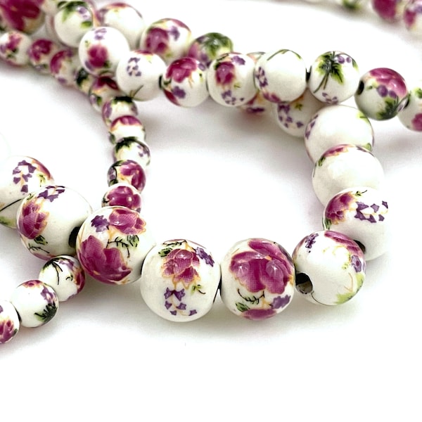 50 Pcs Pink White Porcelain Beads for Jewelry Making, Glazed 6mm 8mm 10mm 12mm Ceramic Floral Round, Chinoiserie Bracelet Rosary, 1.5mm Hole